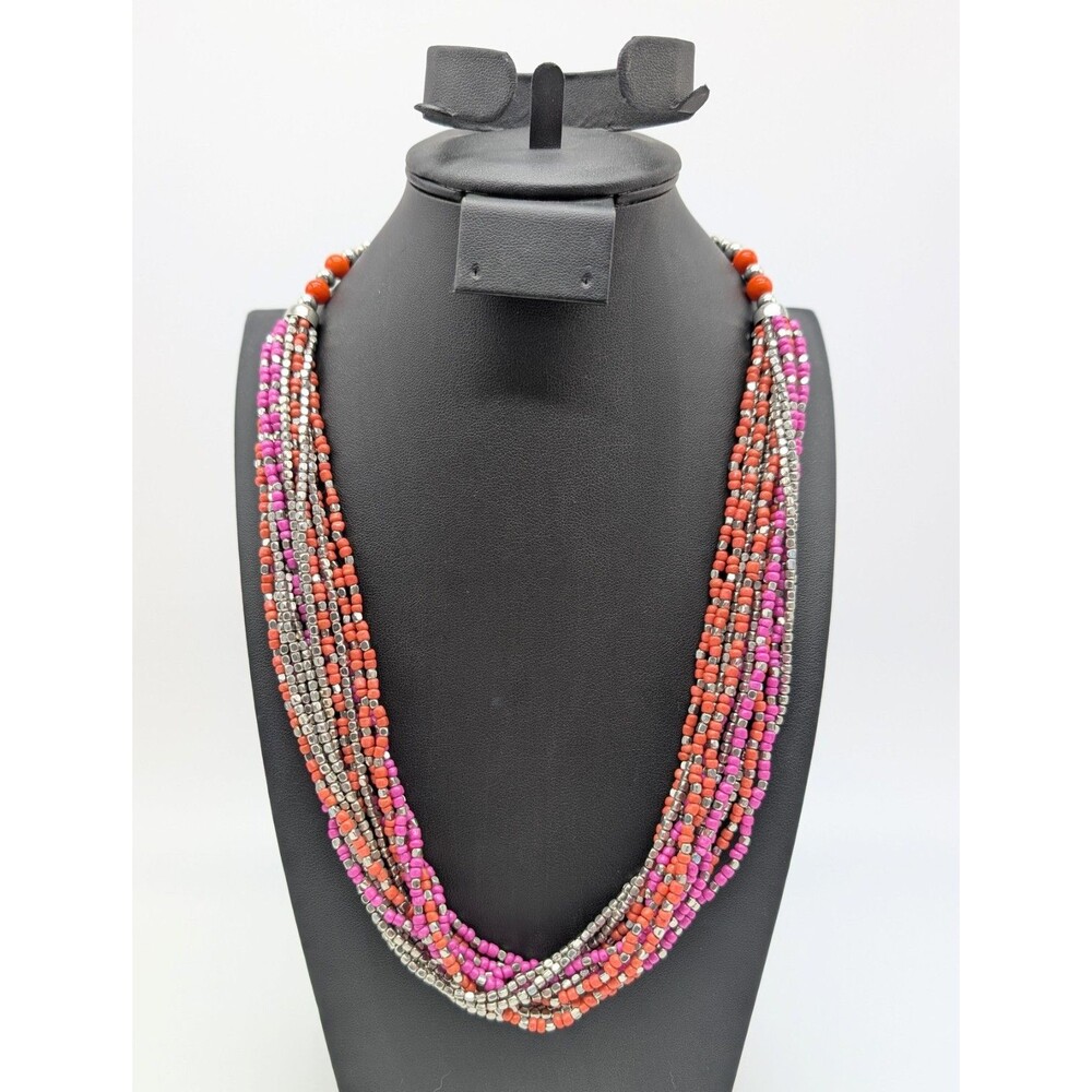 Vtg Lana Multi Strand Necklace Orange Silver Coral Fuschia Seed Bead